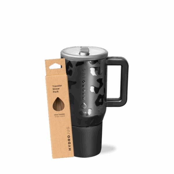 Black Leopard Traveler 20oz + Replacement Straw Pack Bundle
