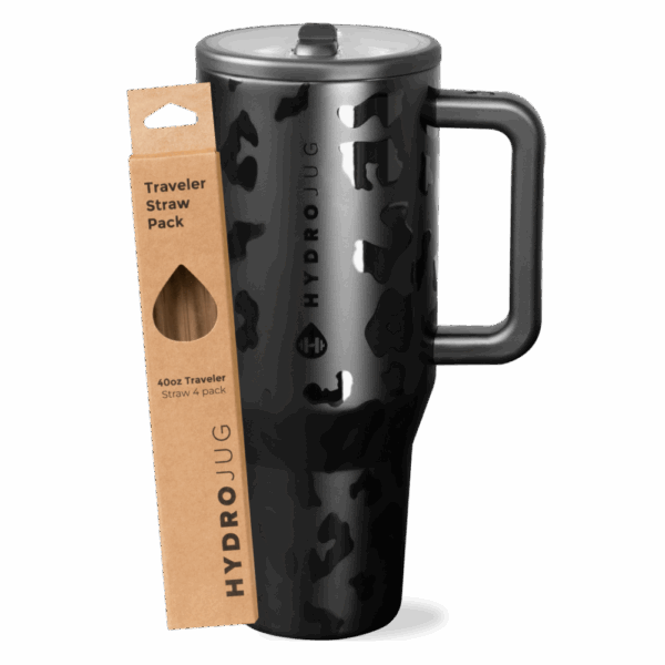Black Leopard Traveler 40oz + Replacement Straw Pack Bundle