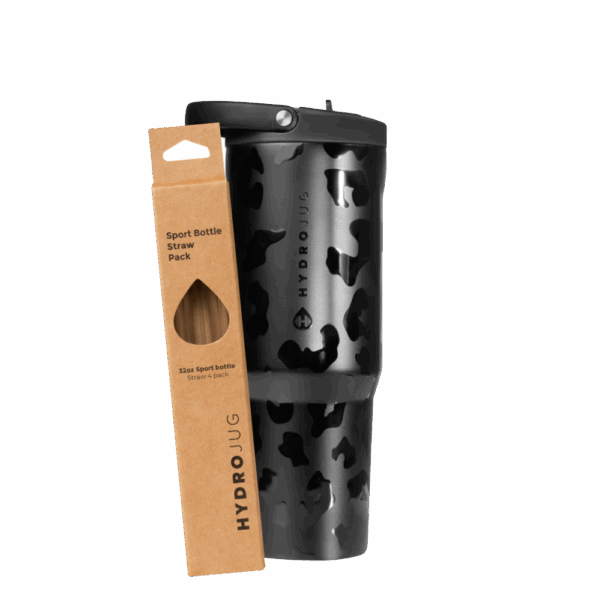 Black Leopard Sport 32oz + Replacement Straw Pack Bundle